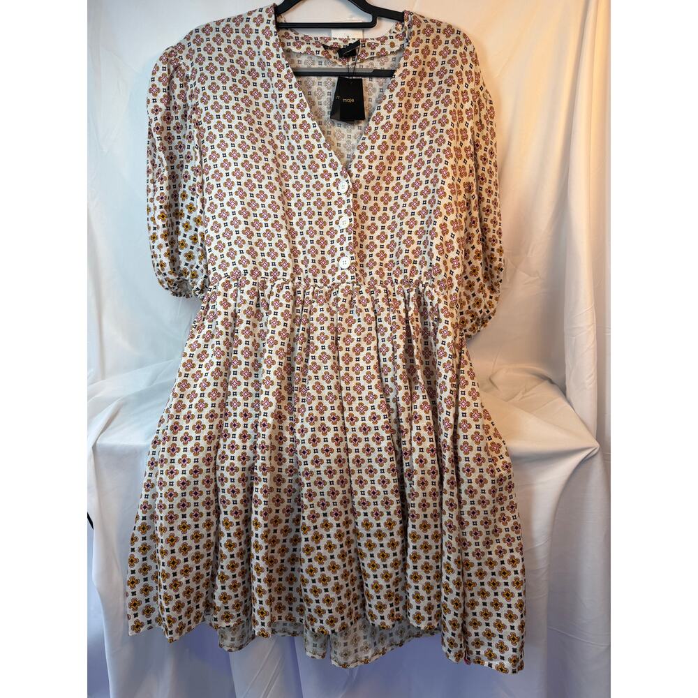 Maje Romelange‎ Geometric Print Dress Sz 42 US 10 Tiered Puff NWT MSRP$445